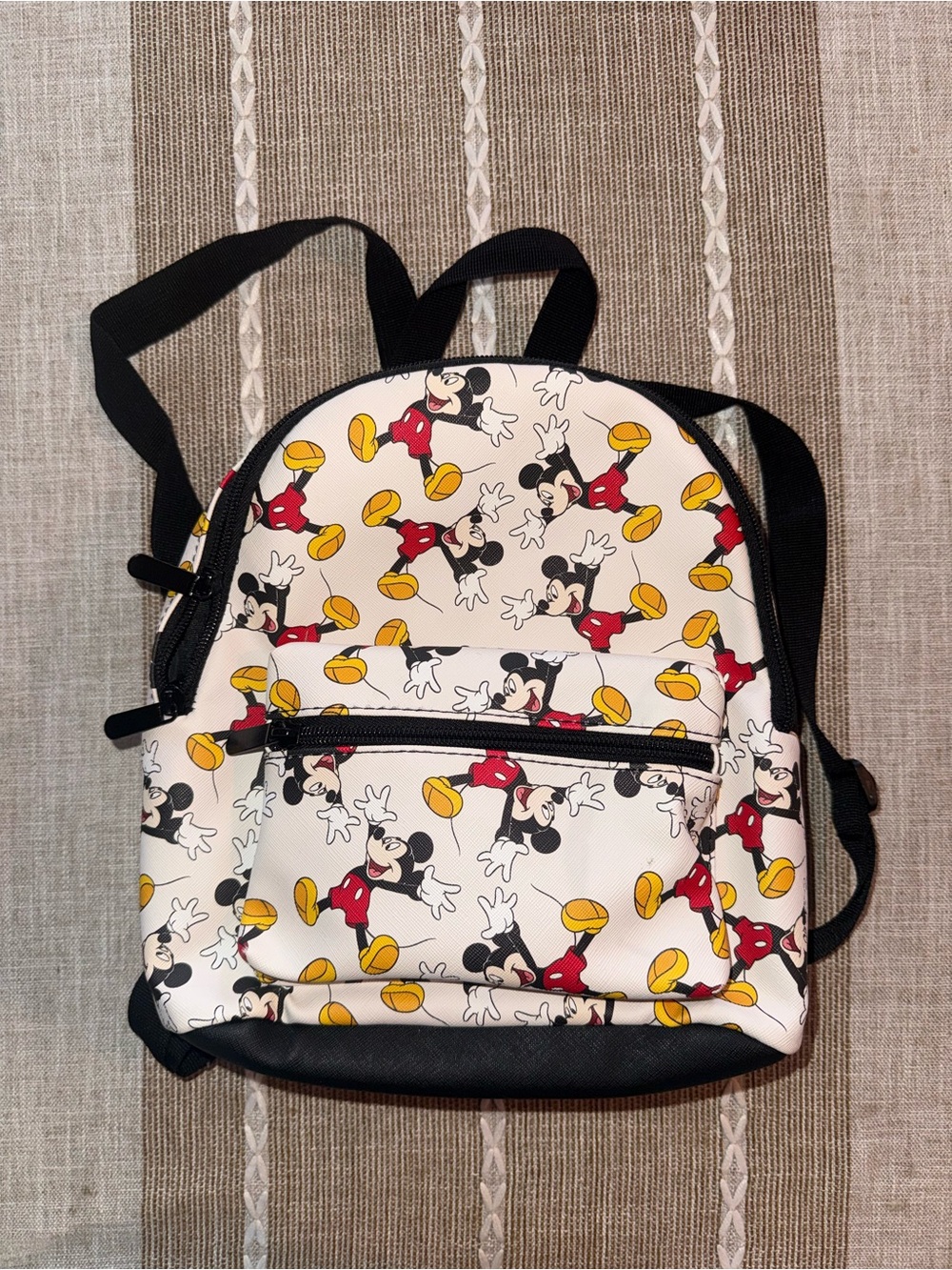 White Mickey Print Mini Backpack with Black Trim